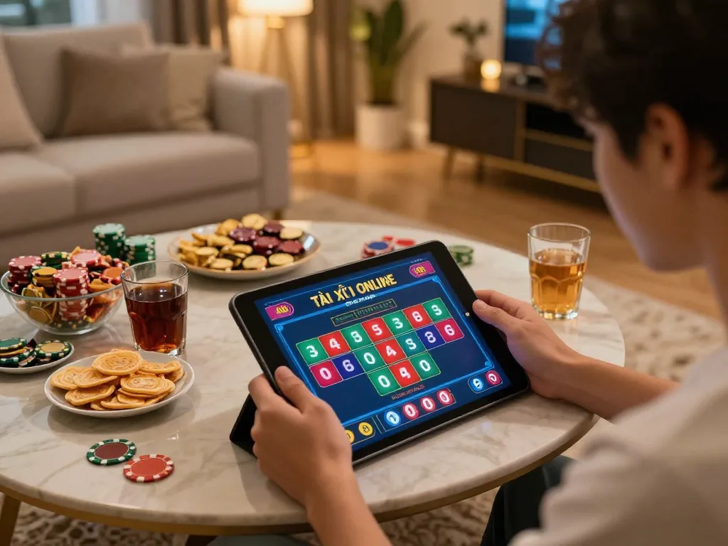 Tổ chức TÀI XỈU ONLINE UY TÍN at home with colorful bets on screen, cozy atmosphere.