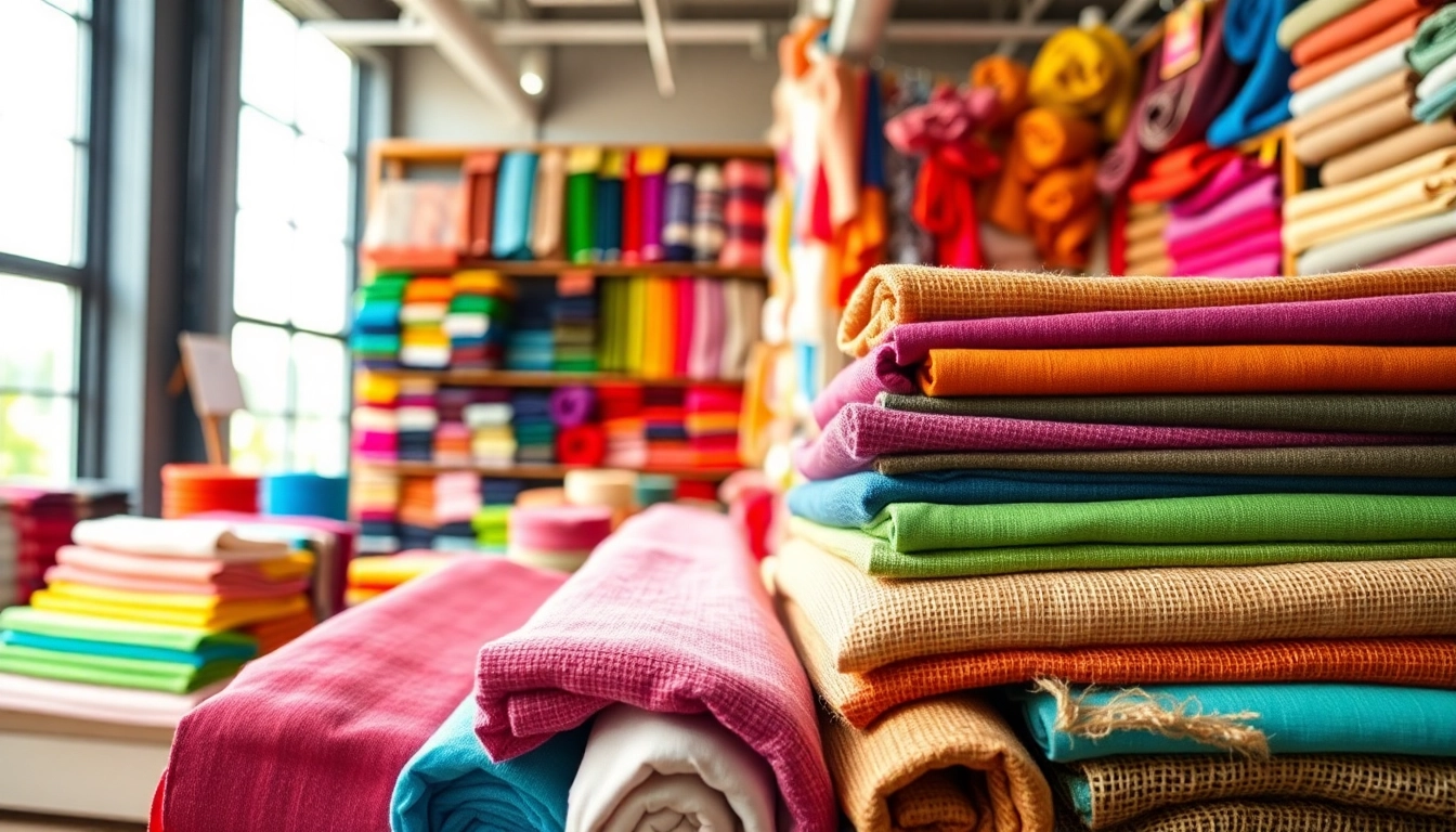 Koop stof kopen per meter in een kleurrijke stoffenwinkel met gevarieerde texturen.