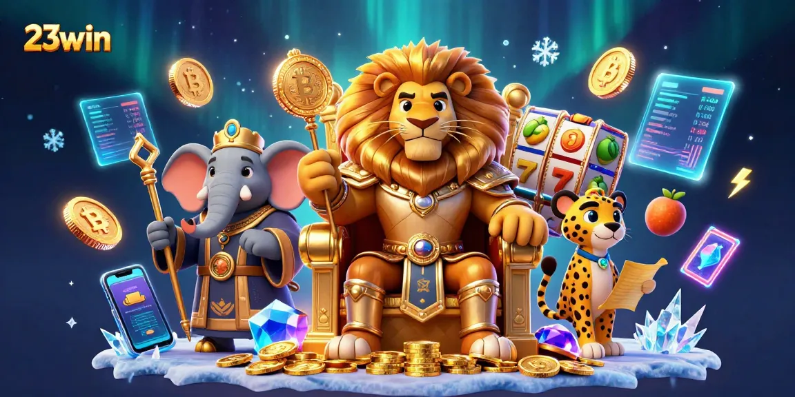 Engage in thrilling casino action with 23win, featuring vibrant slot reels and iconic symbols.