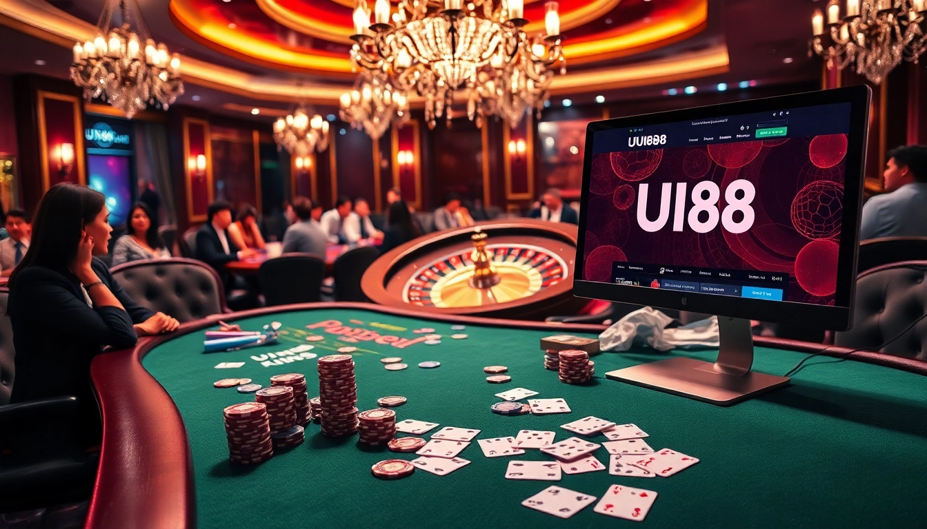 Experience the thrill of gambling with the vibrant atmosphere of the UU88 website featuring a high-stakes poker table.