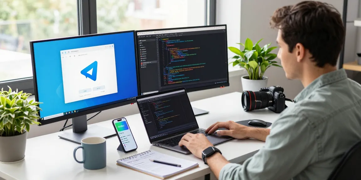 Telegram Download interface showcased in a modern tech workspace setting with dual monitors and vibrant productivity.