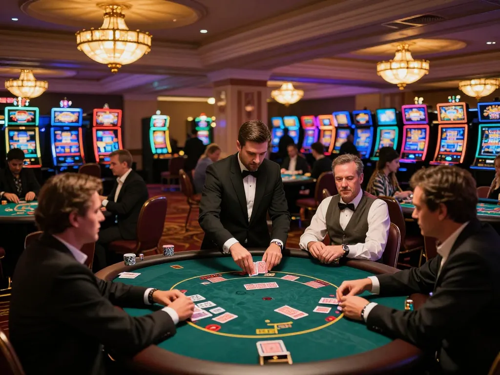 Players strategizing at a lively casino table in TR88, surrounded by vibrant gaming action.