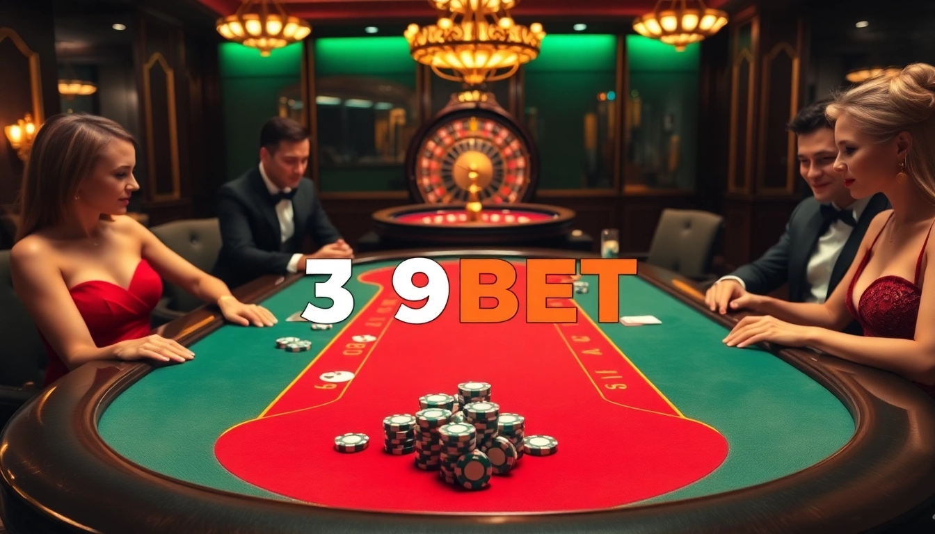 Players enjoying an exciting poker game at 39BET casino, surrounded by vibrant elements.