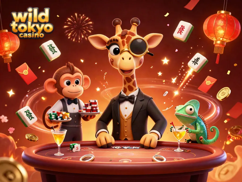 Play exciting games at wild tokyo casino with a vibrant illustration of a high-roller giraffe and casino elements.