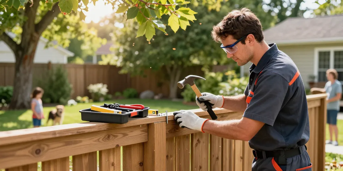 We fix fences and build fences with a skilled tradesman repairing a wooden fence in a sunny backyard.