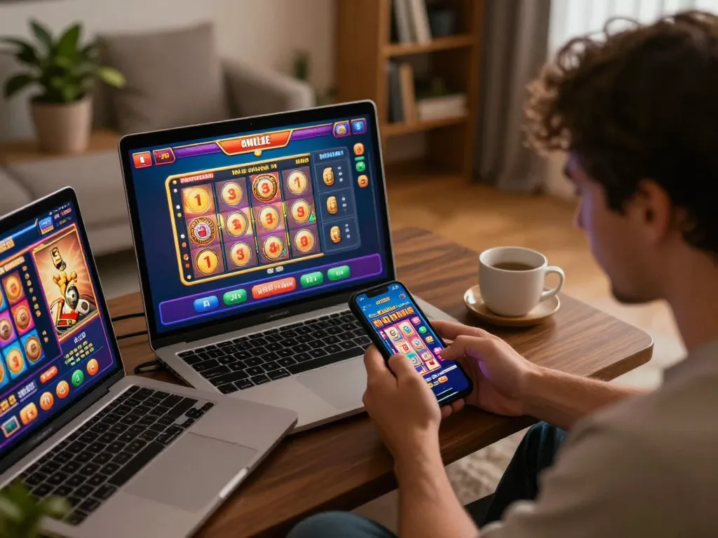 Player engaging with mk8 online slots on a smartphone in a cozy home setting, showcasing strategic gambling moments.