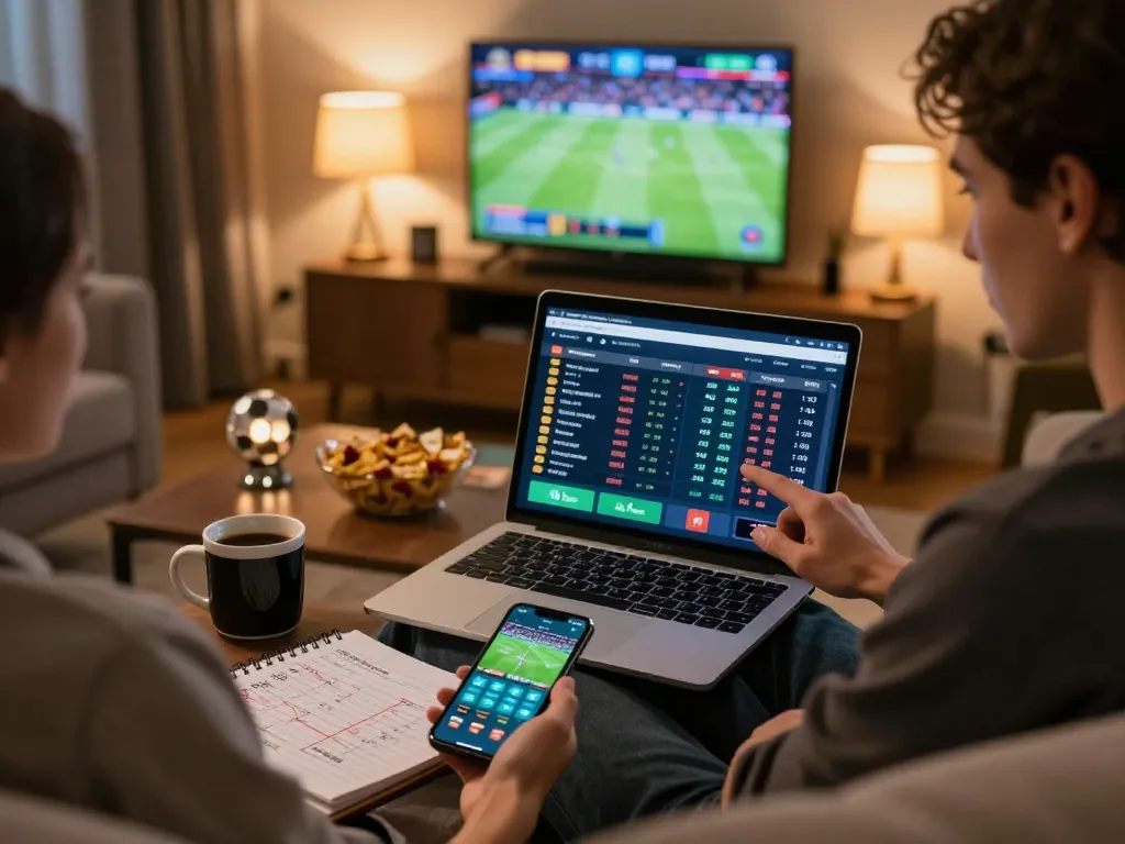 Engaging sports betting enthusiast analyzing soi keo nha cai odds on laptop in cozy living room.