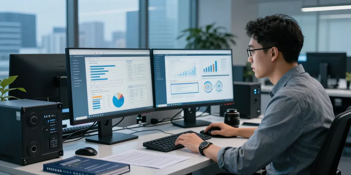 Analyzing document fraud detection data with digital screens in a modern office.