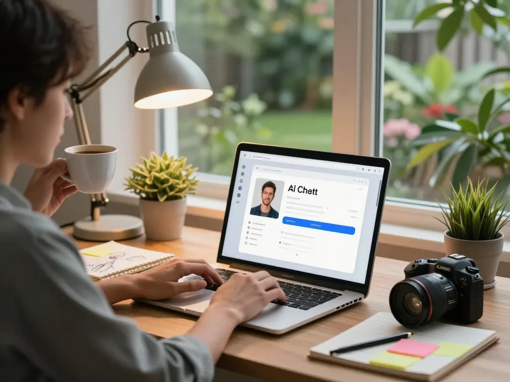 User exploring AI chatbot on laptop with warm lighting and cozy home office setup, reflecting a seamless crush on technology.