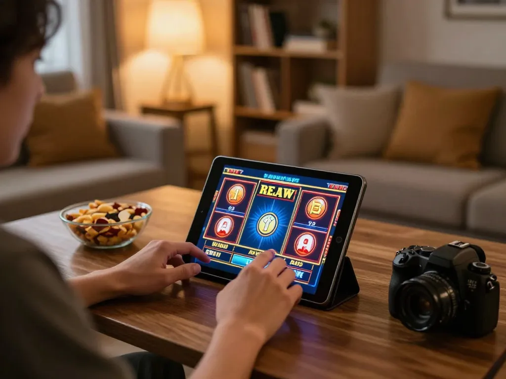 Player enjoying rusuntogel online slots on a tablet in a cozy living room setting, emphasizing responsible gaming.