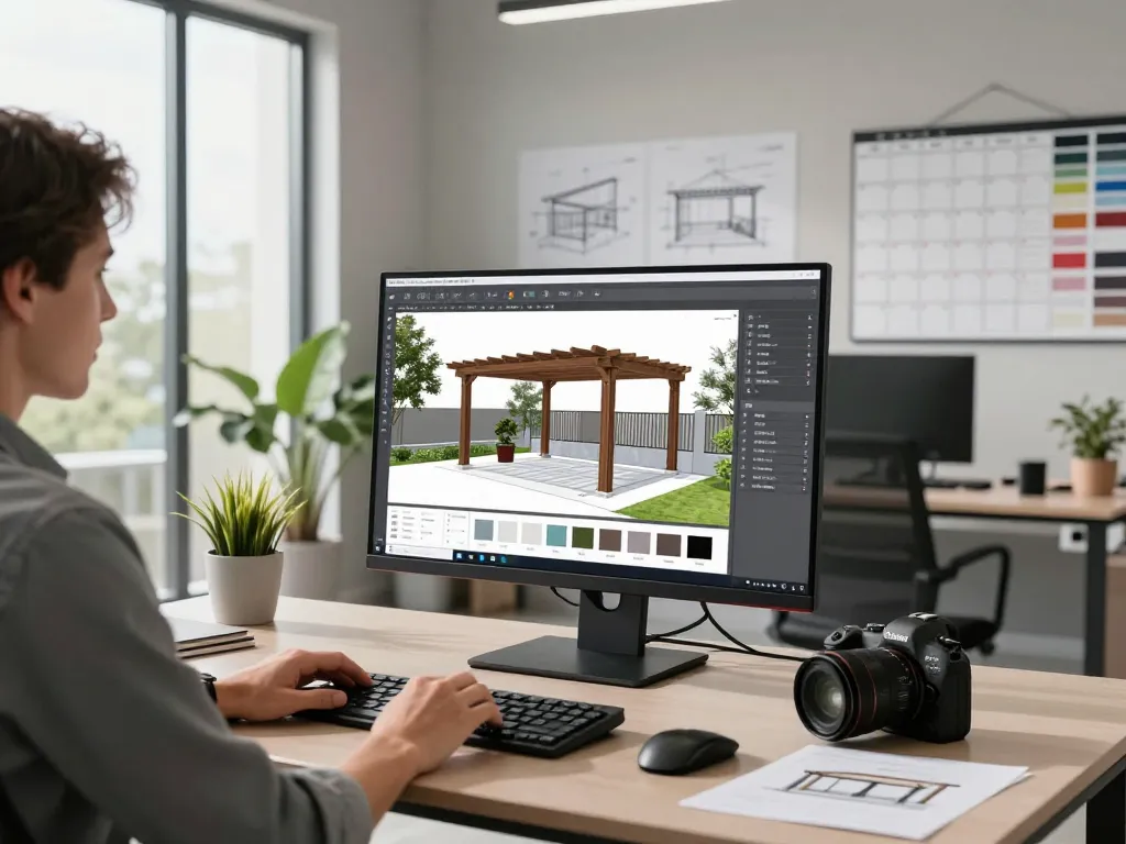 Professionista aziendale che utilizza software pergole per aziende in un ufficio moderno, progettando una pergola 3D.