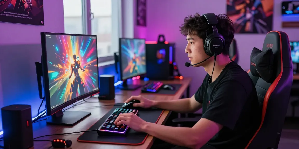 Gamer at https://rokok88gaming.org using high-quality gaming gear in a vibrant workspace.