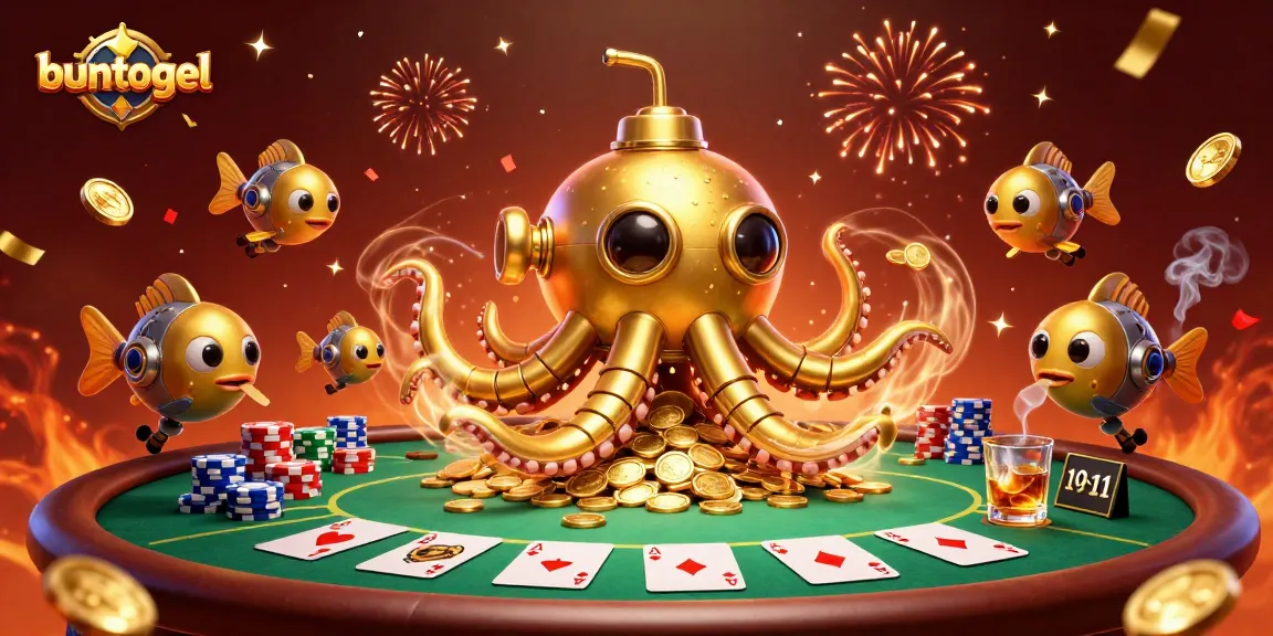 Experience the thrill of buntogel with a whimsical 3D underwater casino scene, featuring a golden kraken and poker elements.