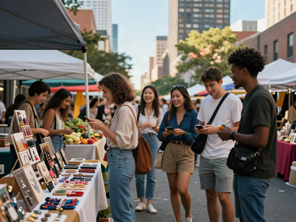 Shoppers enjoying rokok88 products at a vibrant urban market.