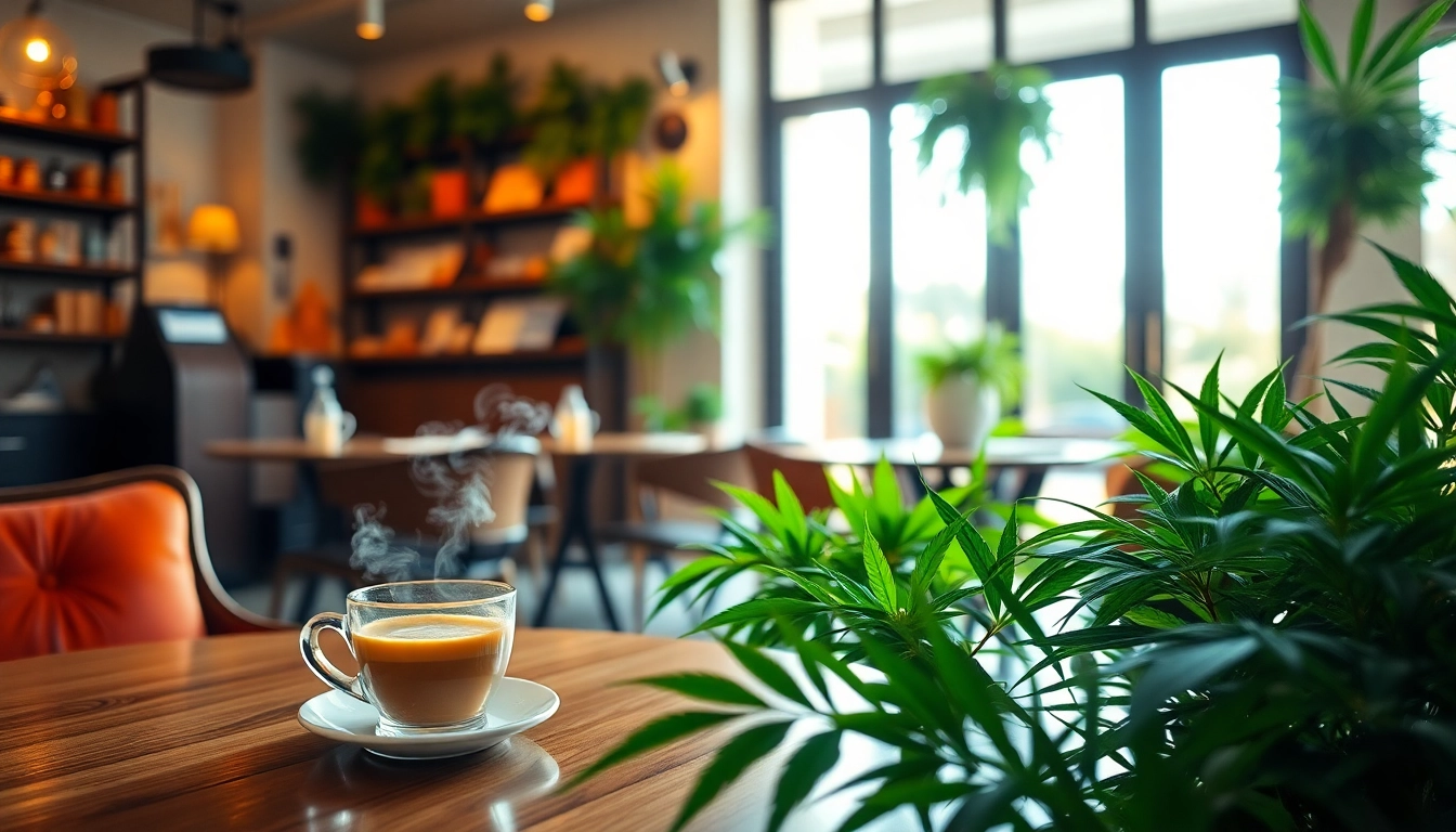 Cannabis Coffee Shop lloret de mar avec un café infusé entouré de plantes vertes.