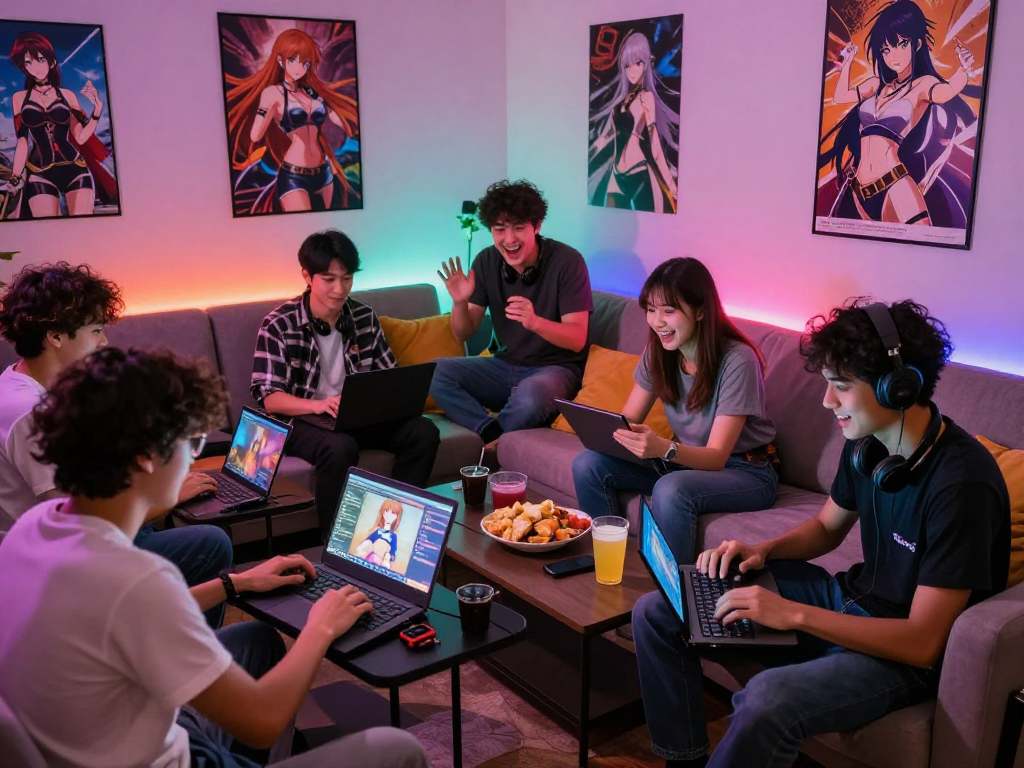 Engaged players enjoying hentai games in a cozy gaming lounge.