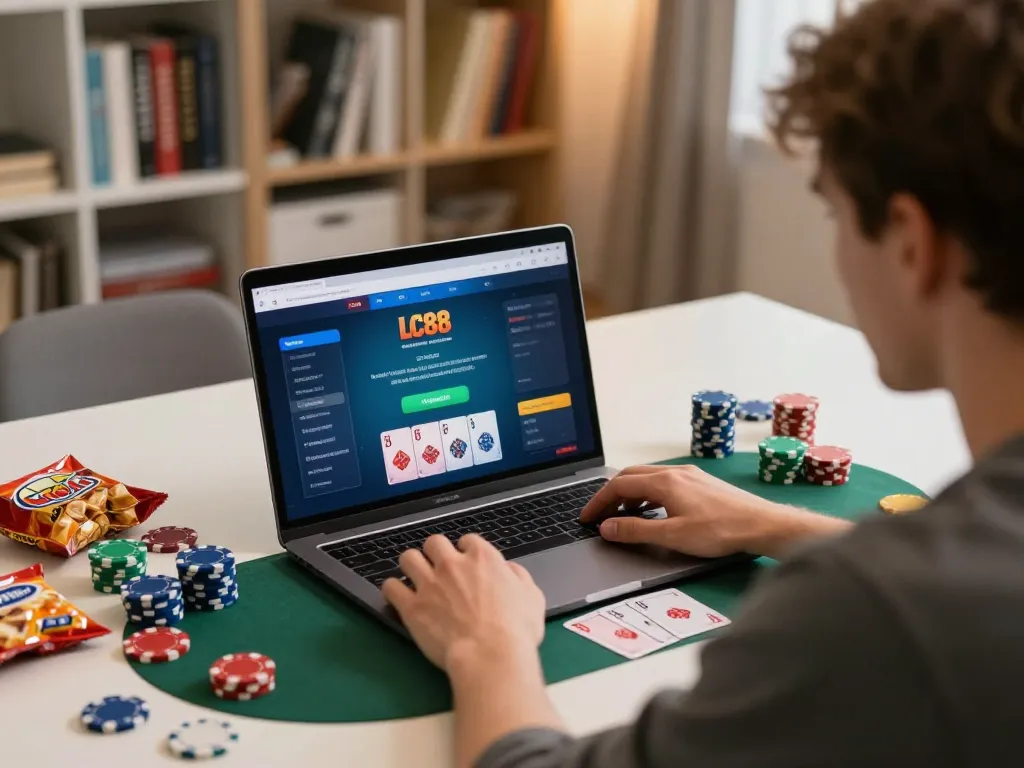 Engaging at home poker session using LC88 link for strategic gameplay and bankroll management.