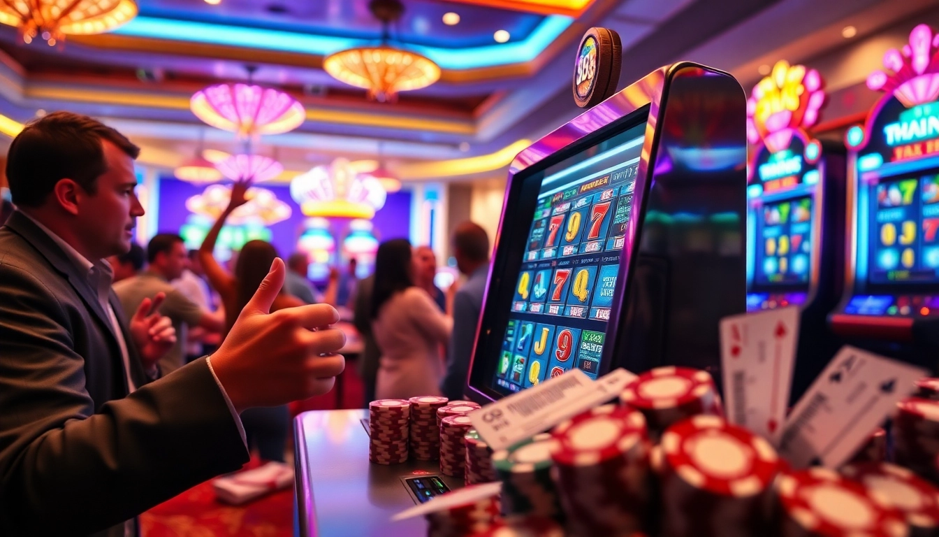 Nổ hũ lu88 slot machine surrounded by vibrant casino colors, capturing the excitement of gambling.