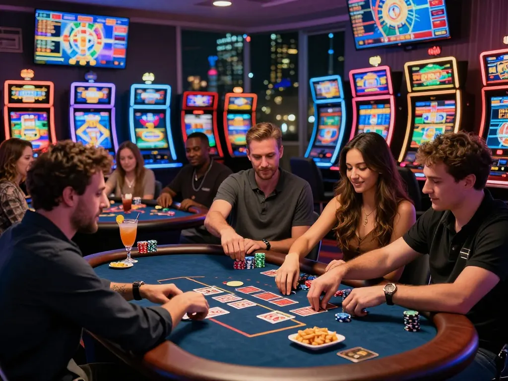 Exciting gaming scene at https://789clubweb.com/ with diverse players at vibrant casino table.