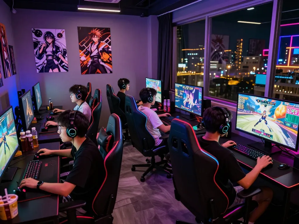 Players engaging in an anime porn game in a vibrant gaming lounge with anime artwork.