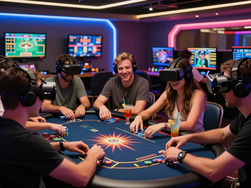 Interactive gaming scene at https://rikviprent.com showcasing friends enjoying poker in a vibrant virtual casino ambiance.