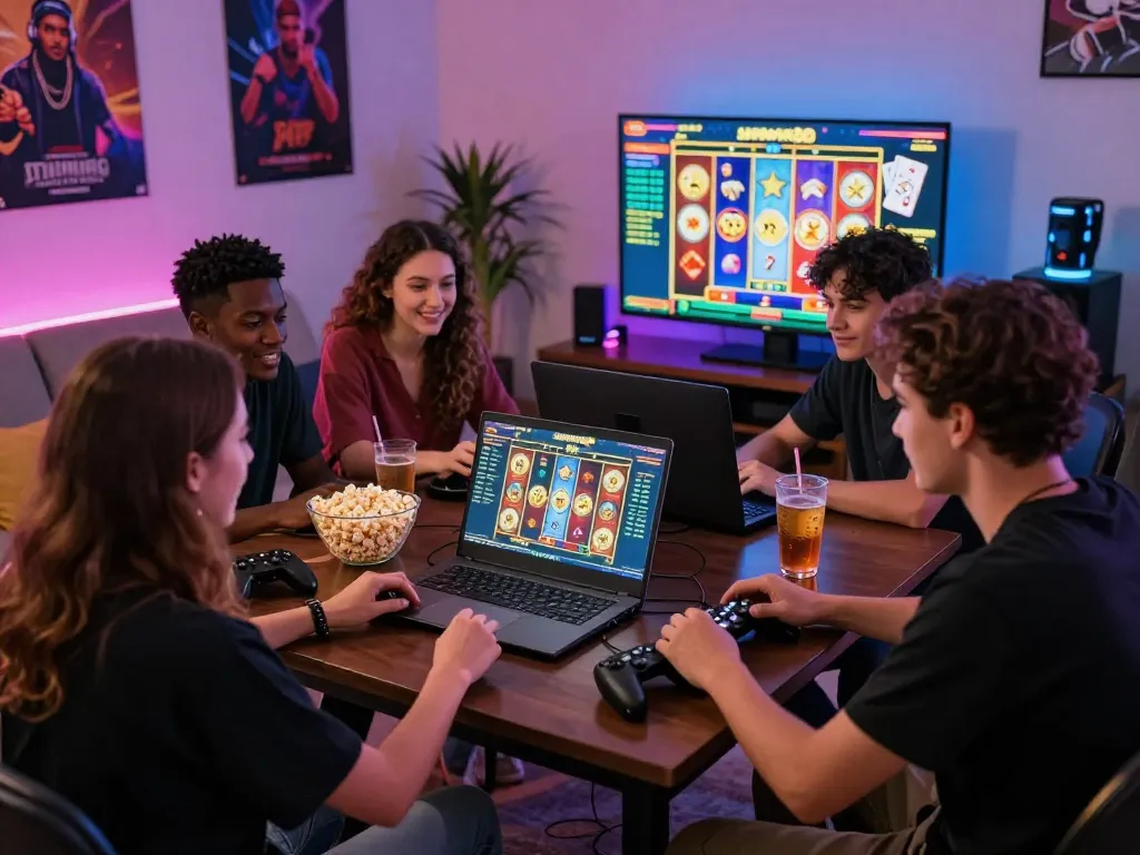 Players enjoying an engaging game on the sunwin20 platform in a lively living room setting with colorful lighting.