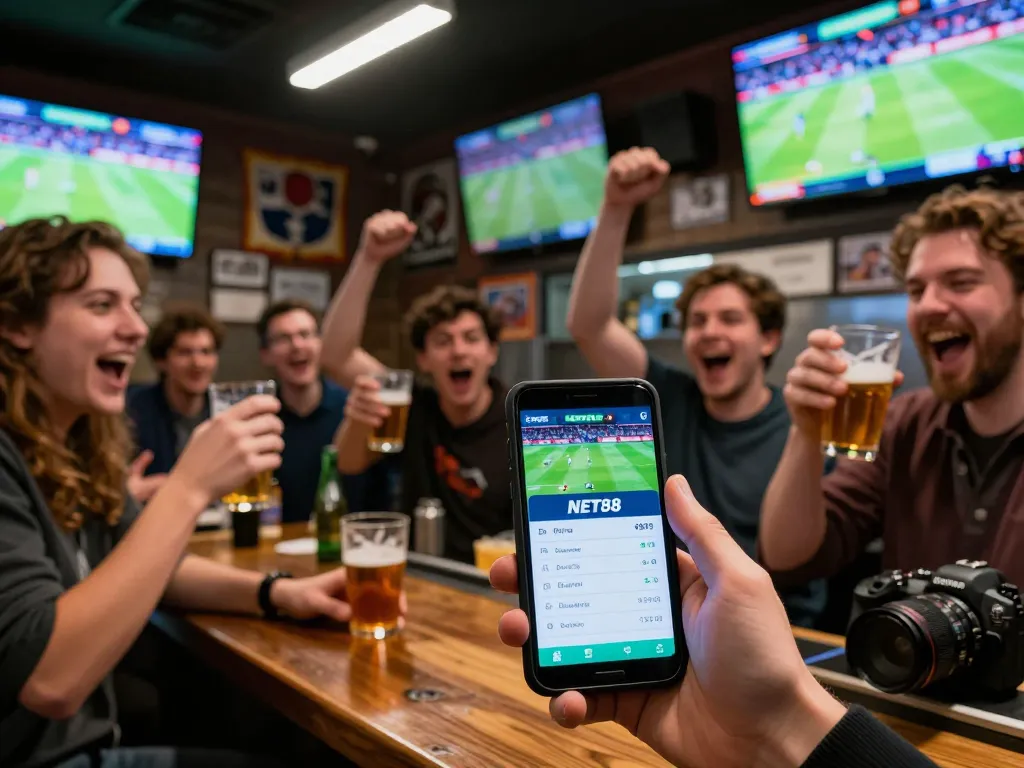 Excited sports bettors using the NET88 app in a vibrant bar atmosphere