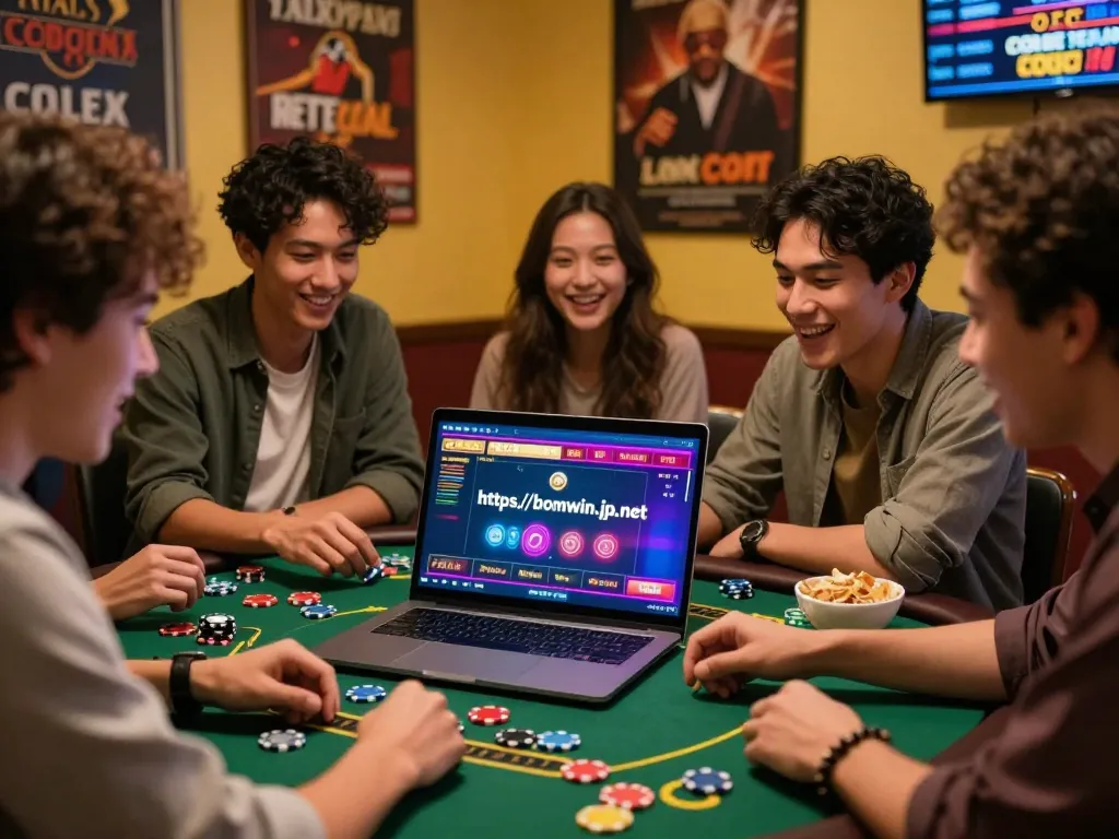 Exciting online gaming atmosphere with friends engaging on https://bomwin.jp.net/ while colorful chips and snacks create a cozy environment.