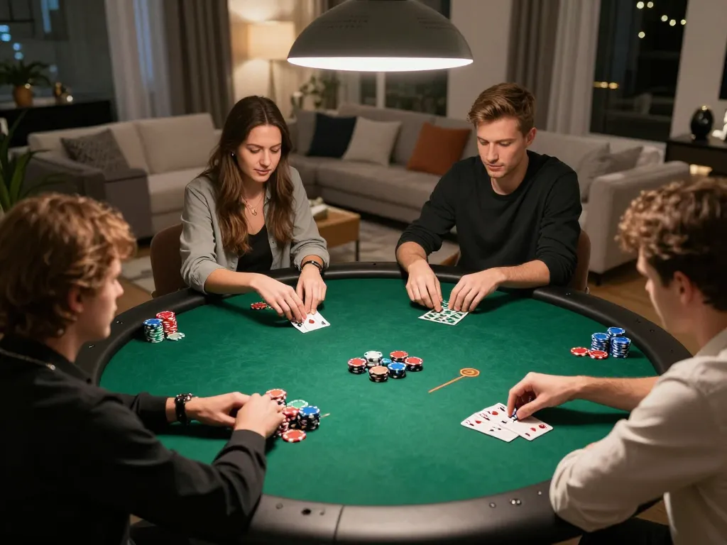 Players enjoying an exciting game at an okfun casino poker table in a cozy living room setup
