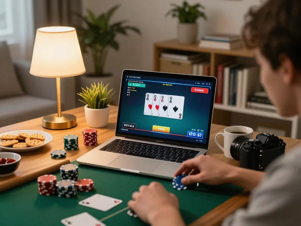Engaging in online poker at https://nk88net.com/ from a cozy home environment, showcasing strategic gameplay.