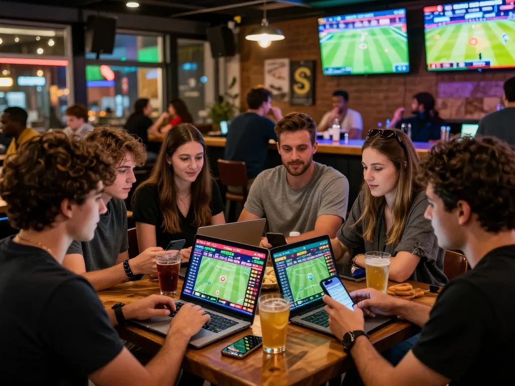 SBOBET enthusiasts enjoying sports betting in a lively urban bar setting.