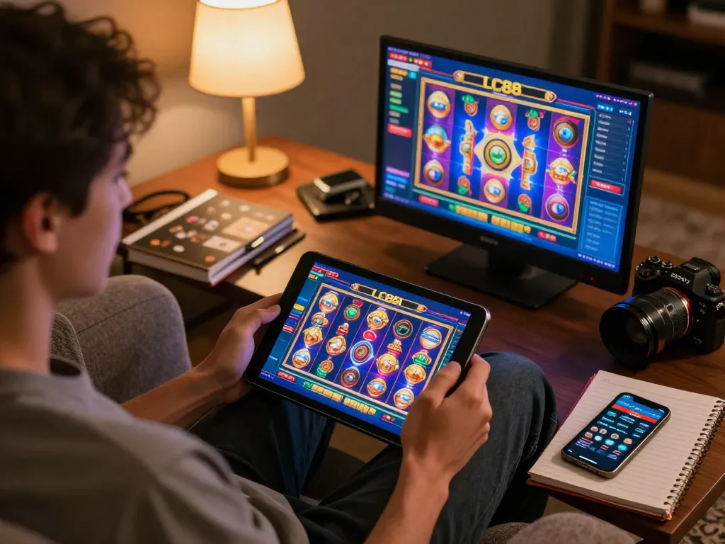 Engaging online gaming scene featuring LC88 app on tablet in a cozy home setting, emphasizing strategic play.