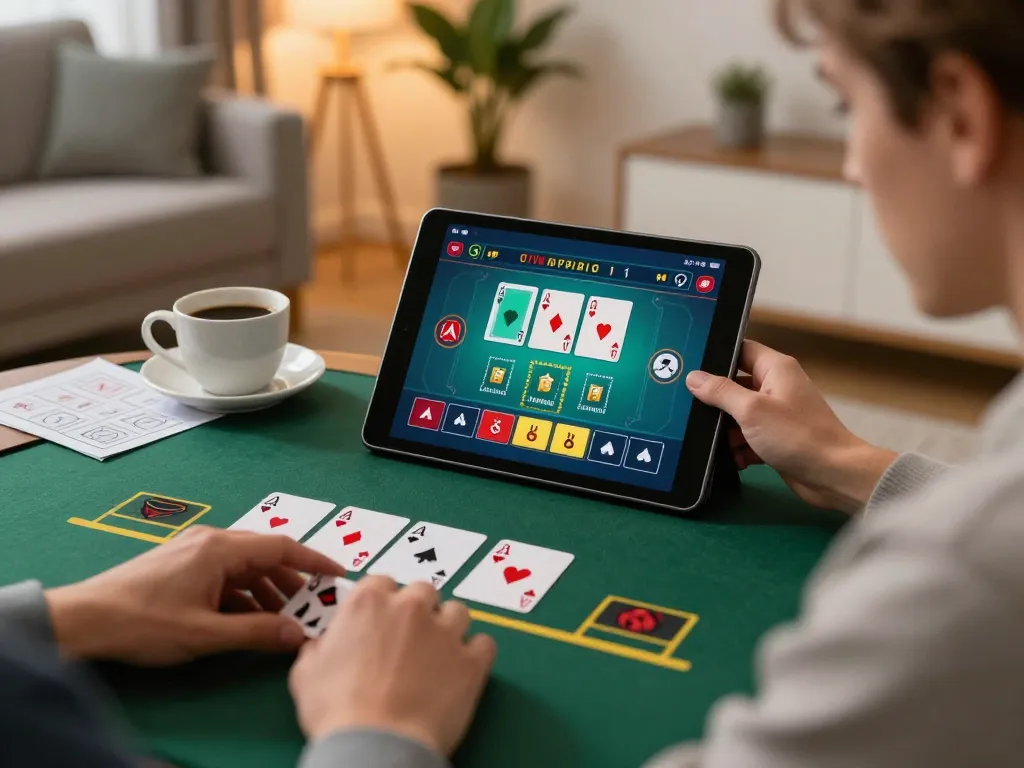 Player enjoying Lode88 live dealer blackjack on tablet in comfortable home setting, focused on strategy.