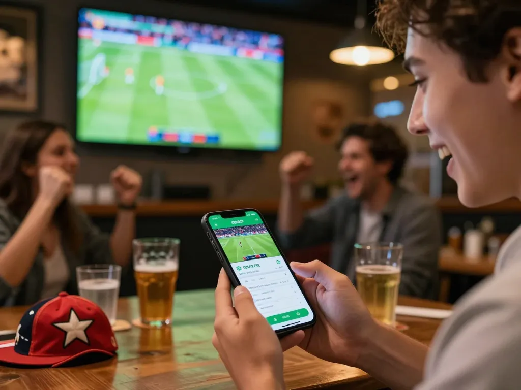 Pengguna SBOBET dengan bersemangat memasang taruhan di smartphone selama pertandingan sepak bola langsung di bar olahraga, dengan teman-teman bersorak.