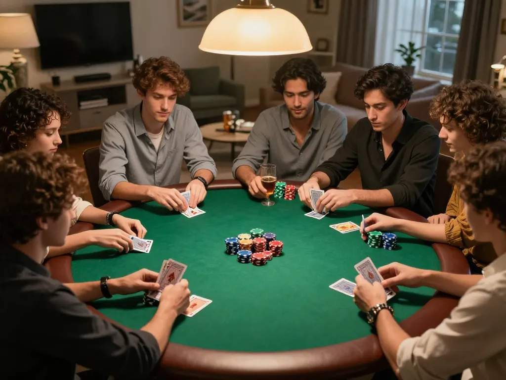 Players engaging in a fun poker night at home, showcasing the strategic gameplay element of bsport.