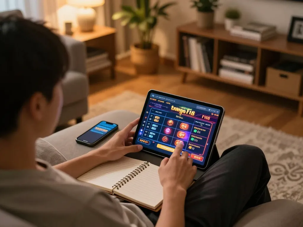 Engaging online gaming experience on trang chủ F168 with a person focused on tablet gameplay.