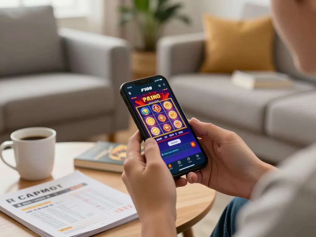 Playing F168 casino app on mobile with vibrant graphics and relaxing home setup