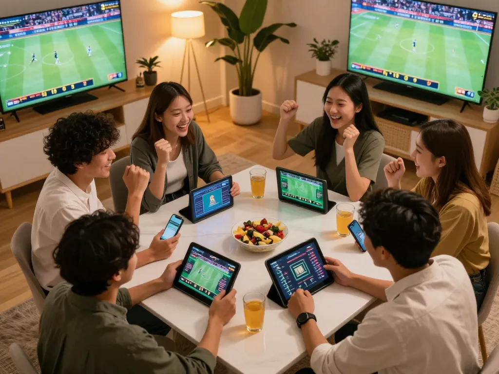 Tỷ lệ kèo nhà cái hôm nay showcased in a lively sports betting environment with friends cheering and using apps