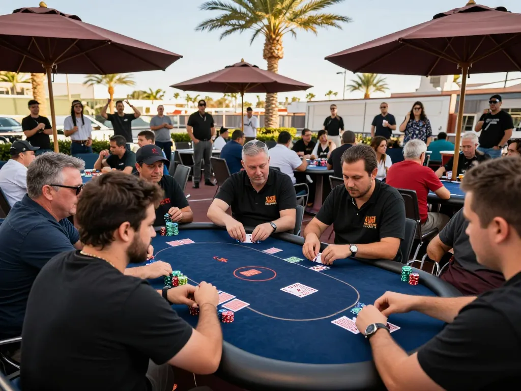 Players engage in strategic poker gameplay at an outdoor tournament event with sunwingo branding visible.