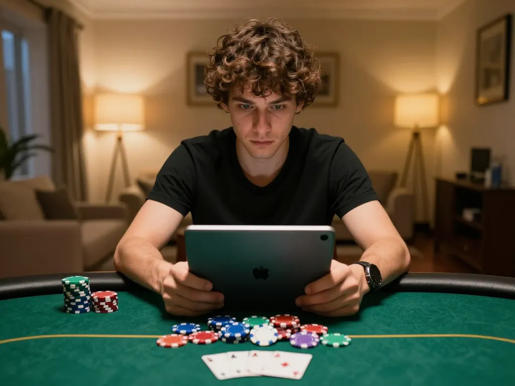 Engaging in online poker at trang chủ dn88, player focused on tablet, chips on table.