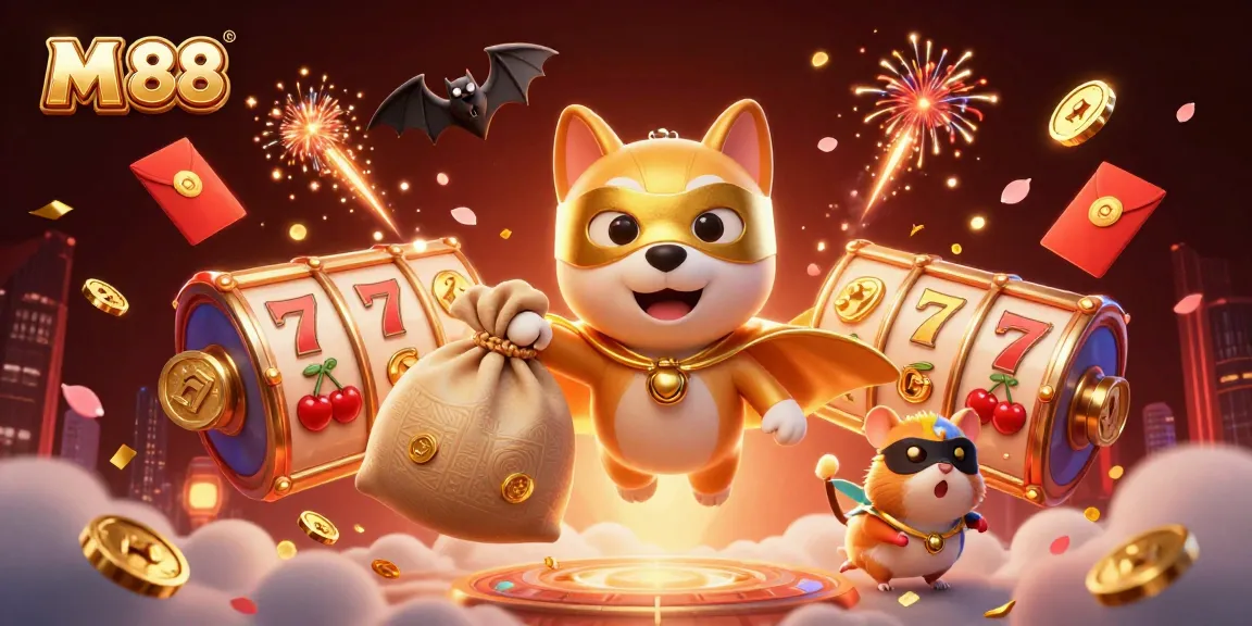 M 88 casino illustration featuring a superhero dog flying with gold coins, amidst colorful slot game elements