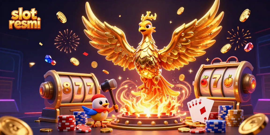 Permainan slot resmi dengan simbol keberuntungan, tumpukan koin, dan efek keceriaan.