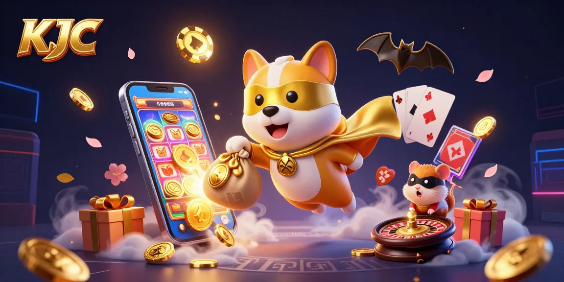 Engage with KJC casino adventures featuring a superhero dog, gold coins, and vibrant slot game elements.