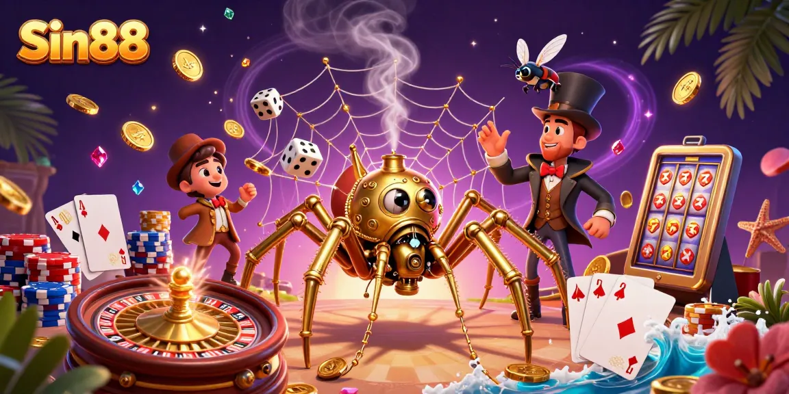 Win big at Sin88 with dynamic casino fun featuring golden spider, coins, and vibrant slots.