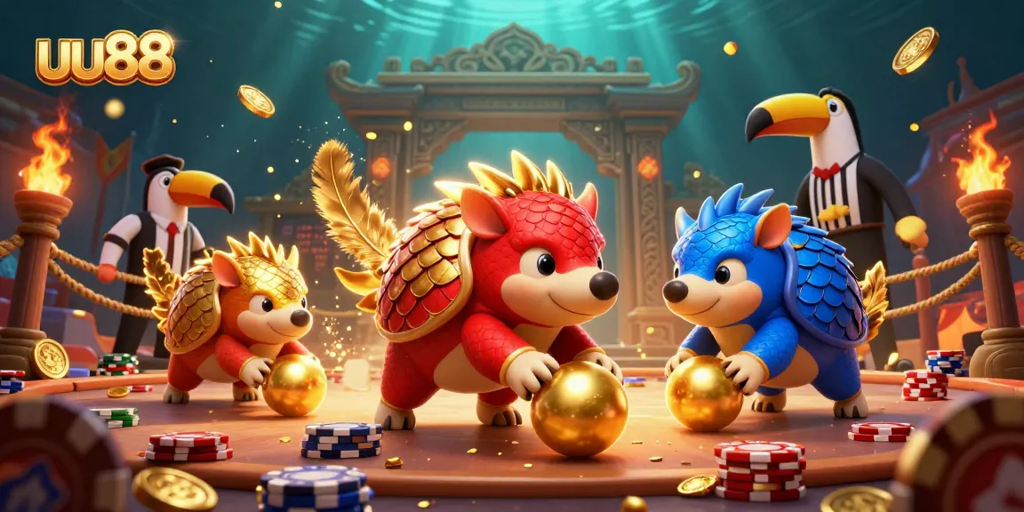 uu88 pangolins playfully competing with poker chips in a vibrant casino scene.
