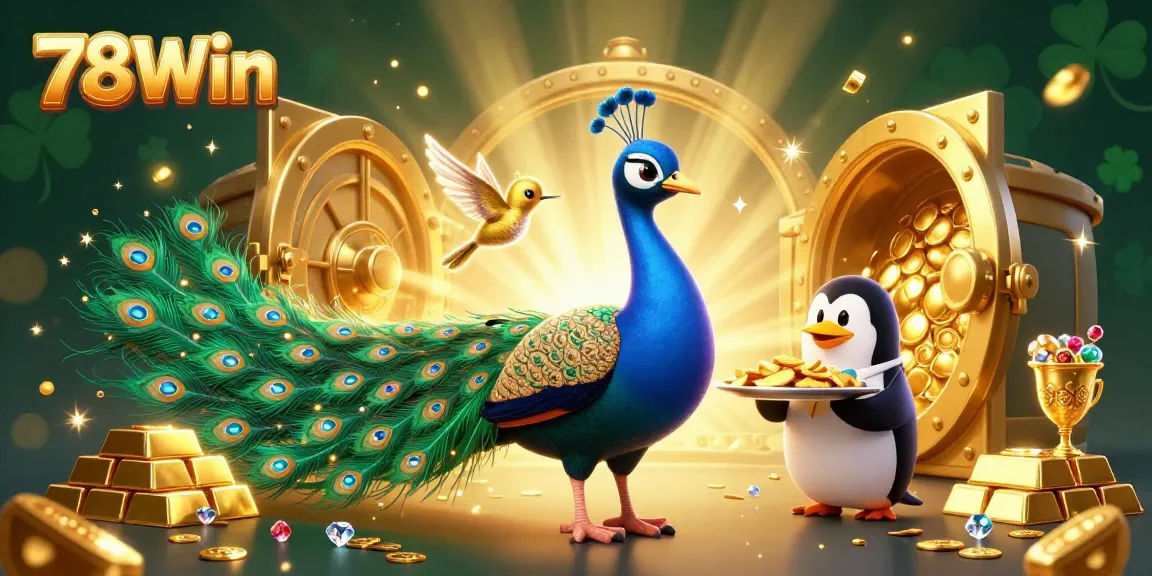 Engage with 78Win's vibrant casino experience, featuring an aristocratic peacock and glowing treasures.