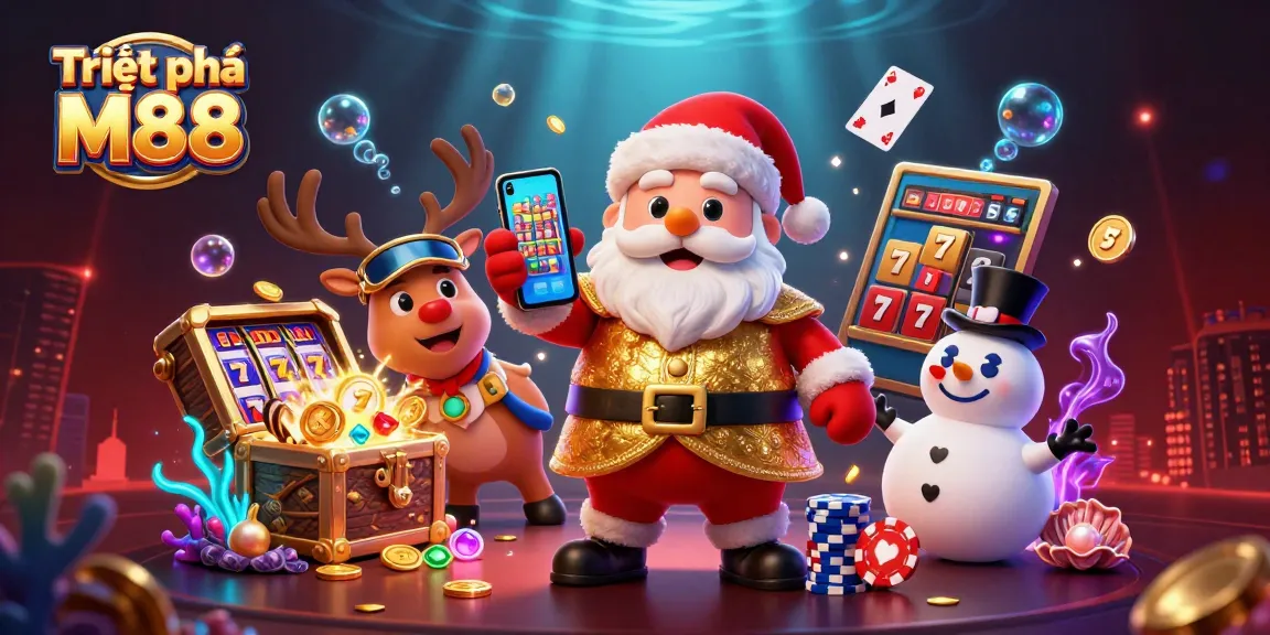 Triệt phá M88 dynamic scene with Santa Claus, a reindeer dealer, and a poker chip snowman in a vibrant casino