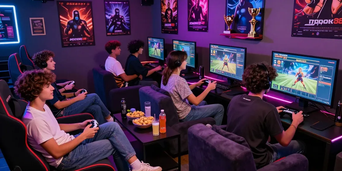 Engaging gaming lounge with friends enjoying rokok88 gaming experience and atmosphere.
