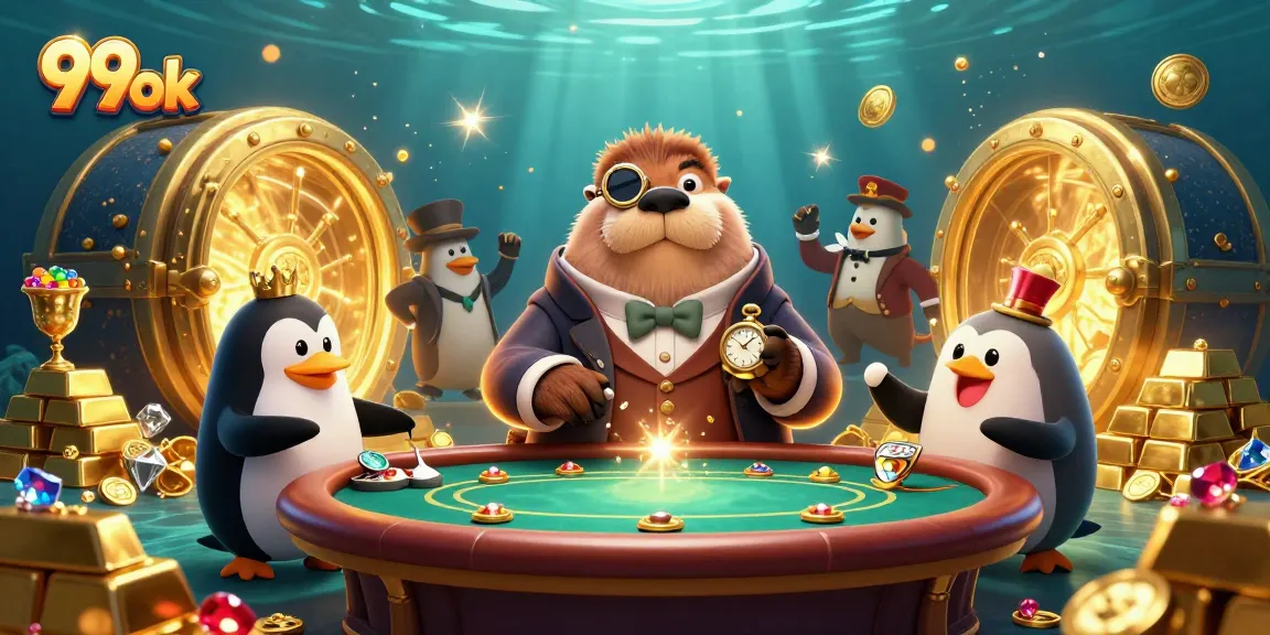 Engage with 99ok's immersive underwater poker play featuring a walrus, penguin dealer, and a bluffing pufferfish.