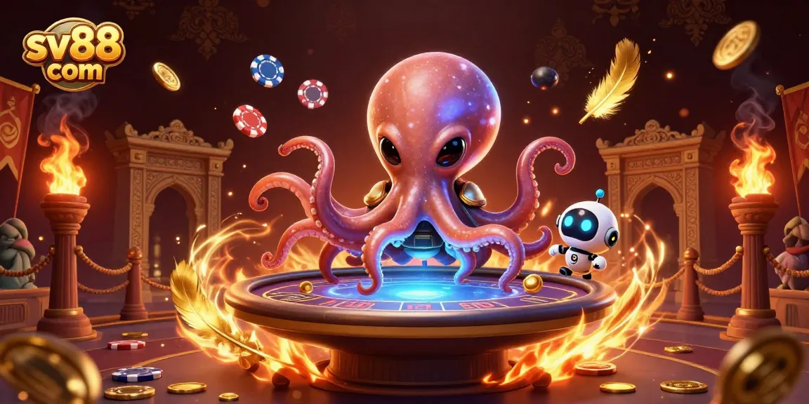 Experience the thrill of betting at sv88 com with an alien octopus at a holographic poker table.